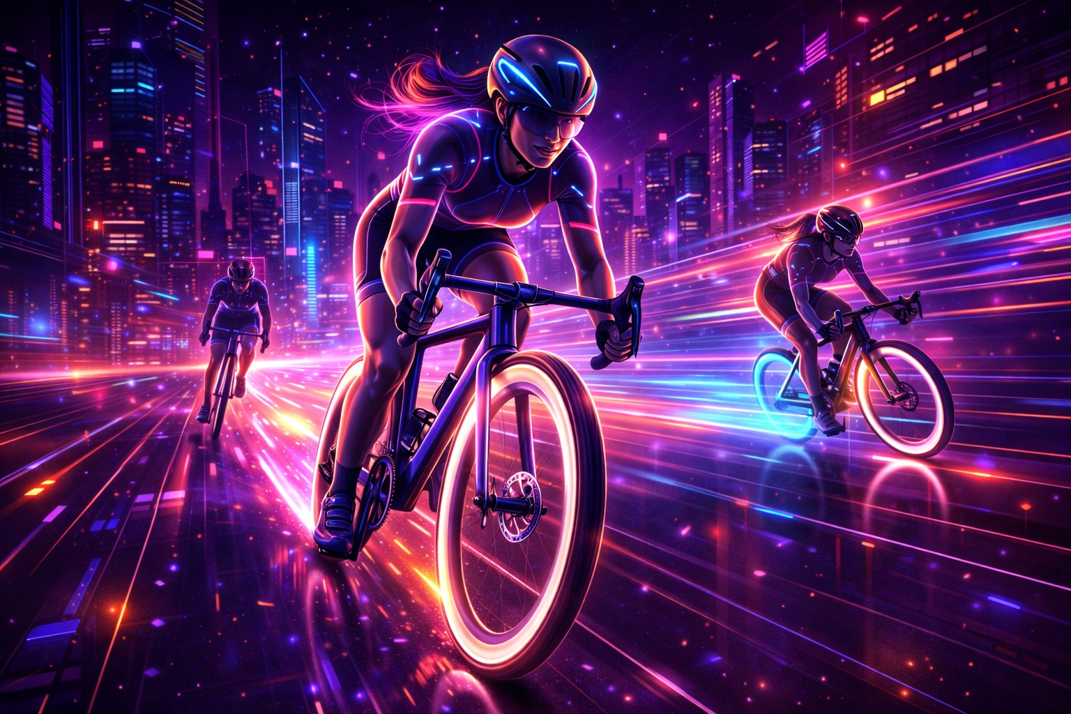 A cyclist races against a synthwave cityscape.