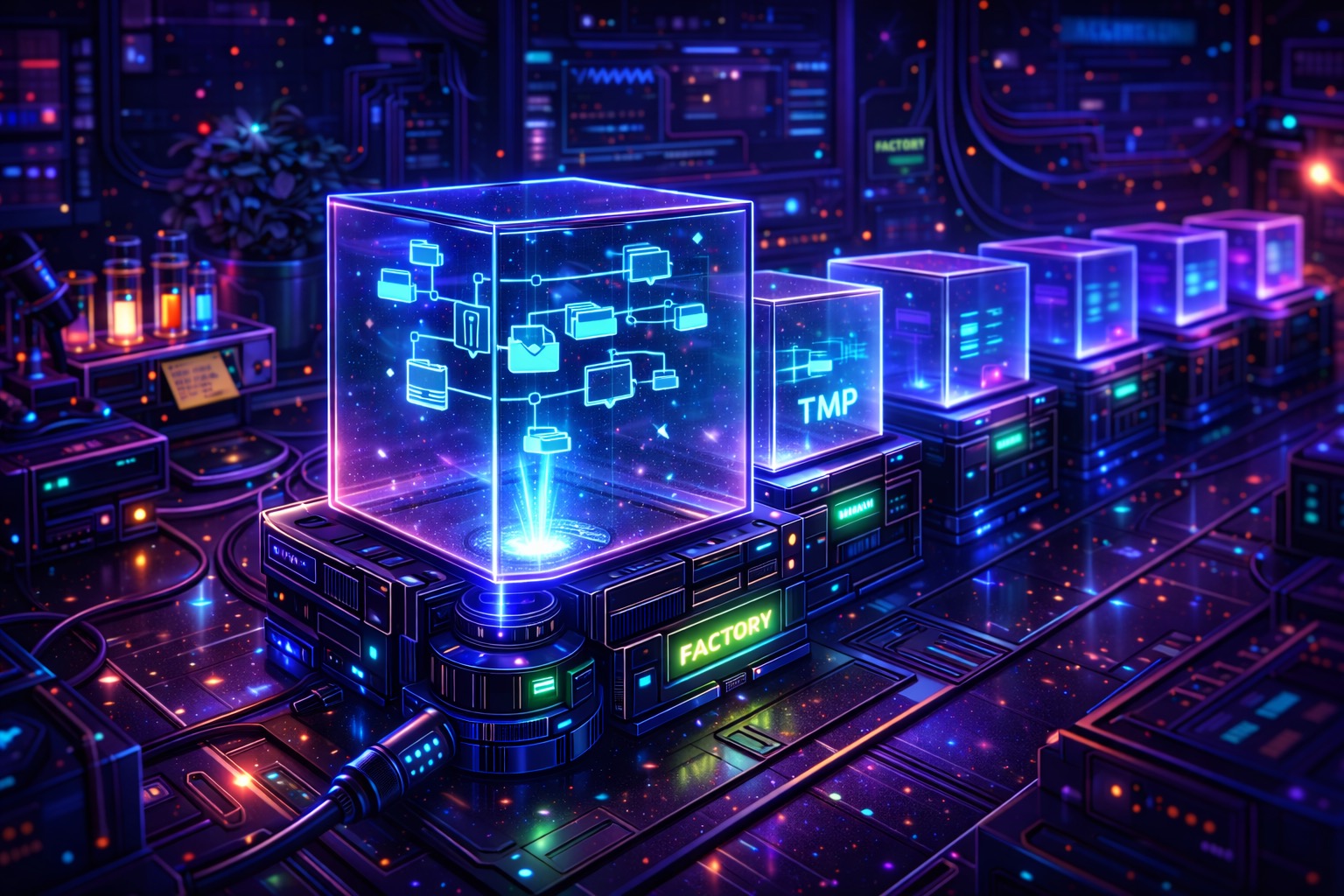 Temporary directories being produced by a factory on a futuristic workbench.