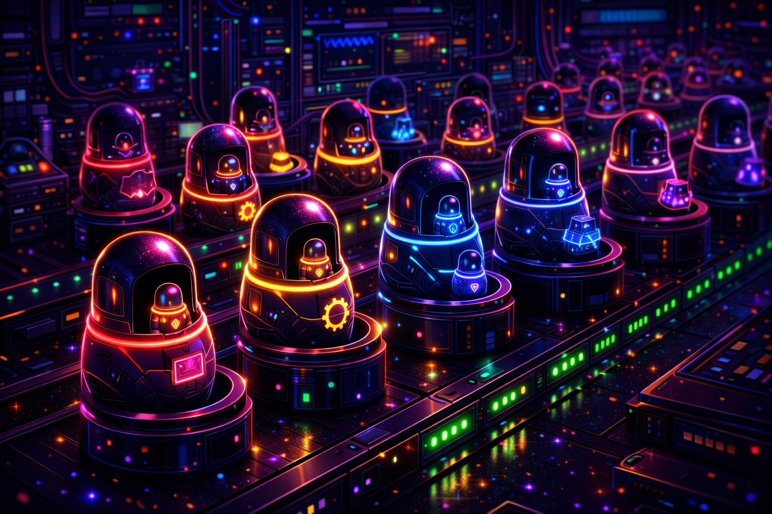 Futuristic Russian dolls on a conveyor belt.