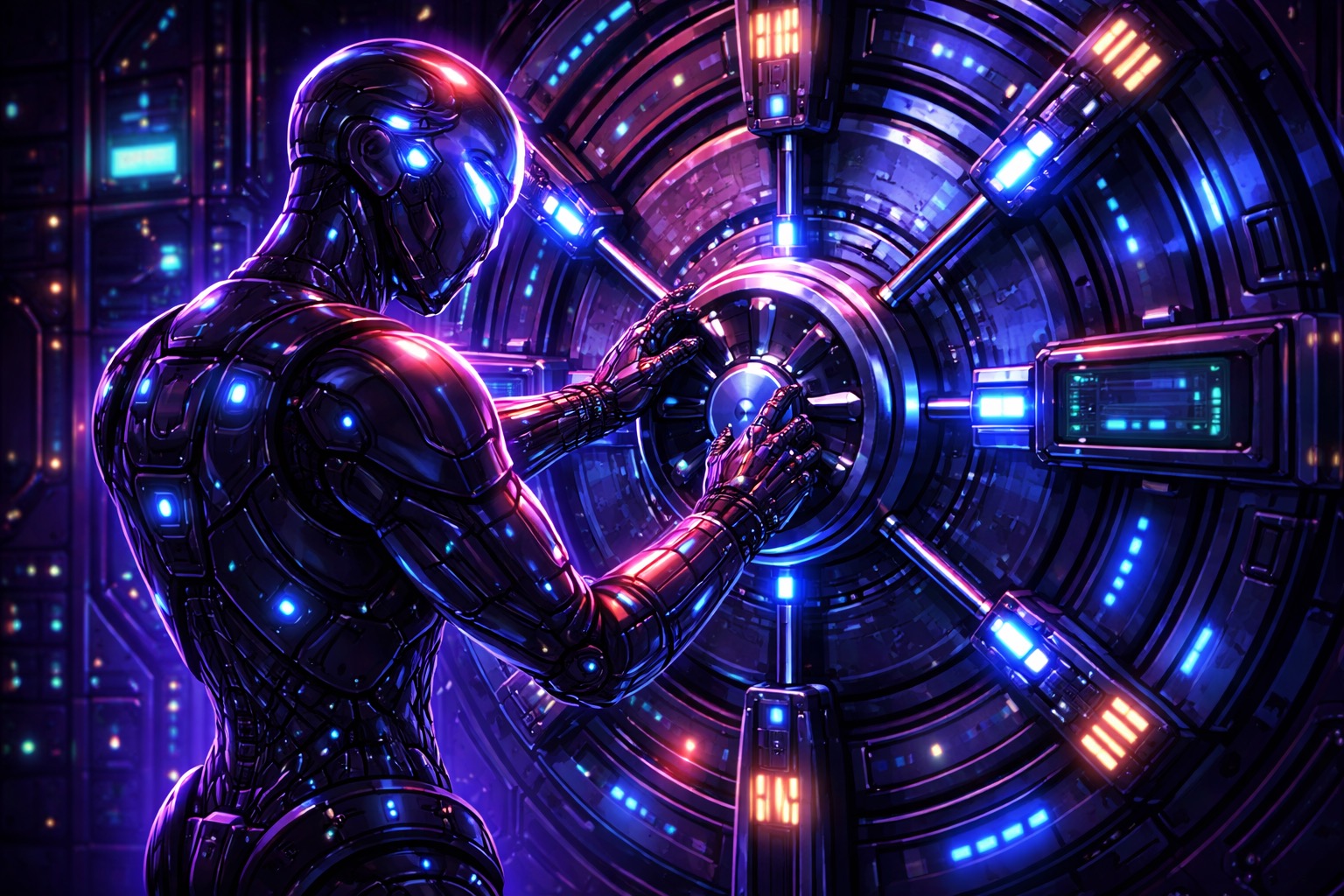 An android locking a high security vault door.