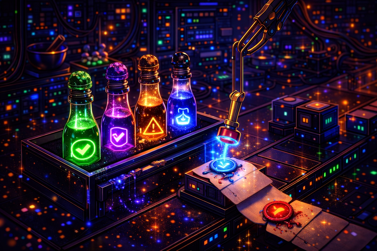 Futuristic workbench quality controlled ampules.