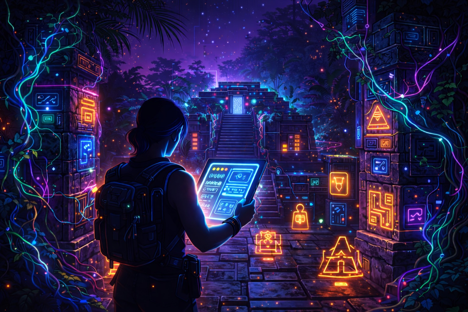 Adventurer in a futuristic cyberpunk wilderness.