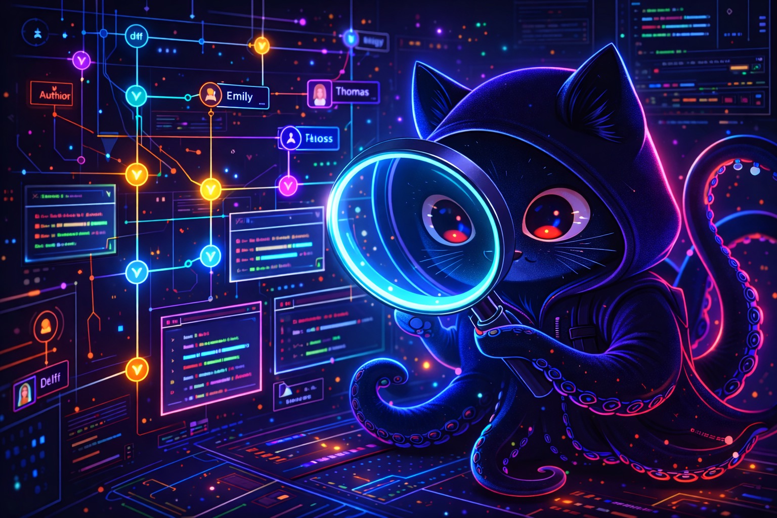 A cute cat-like character inspects code with a magnifying glass.