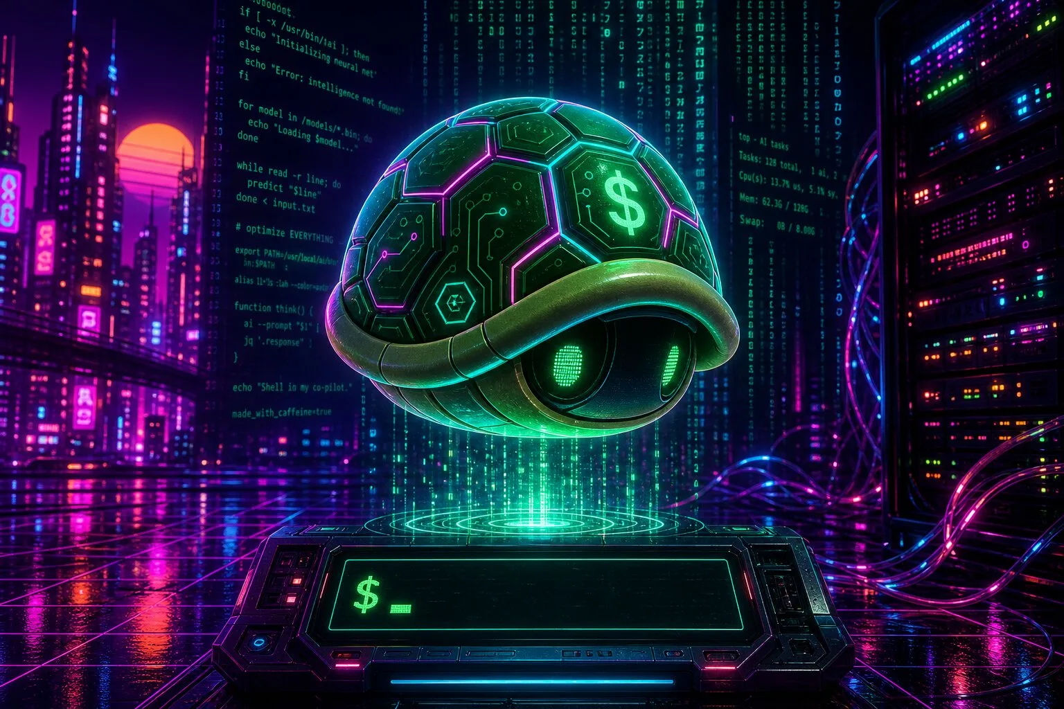 A glowing cyberpunk Koopa shell hovering above a neon terminal