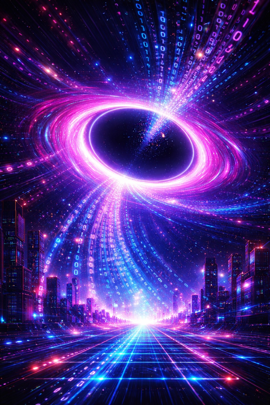 An image of a black hole within a field of binary digits.