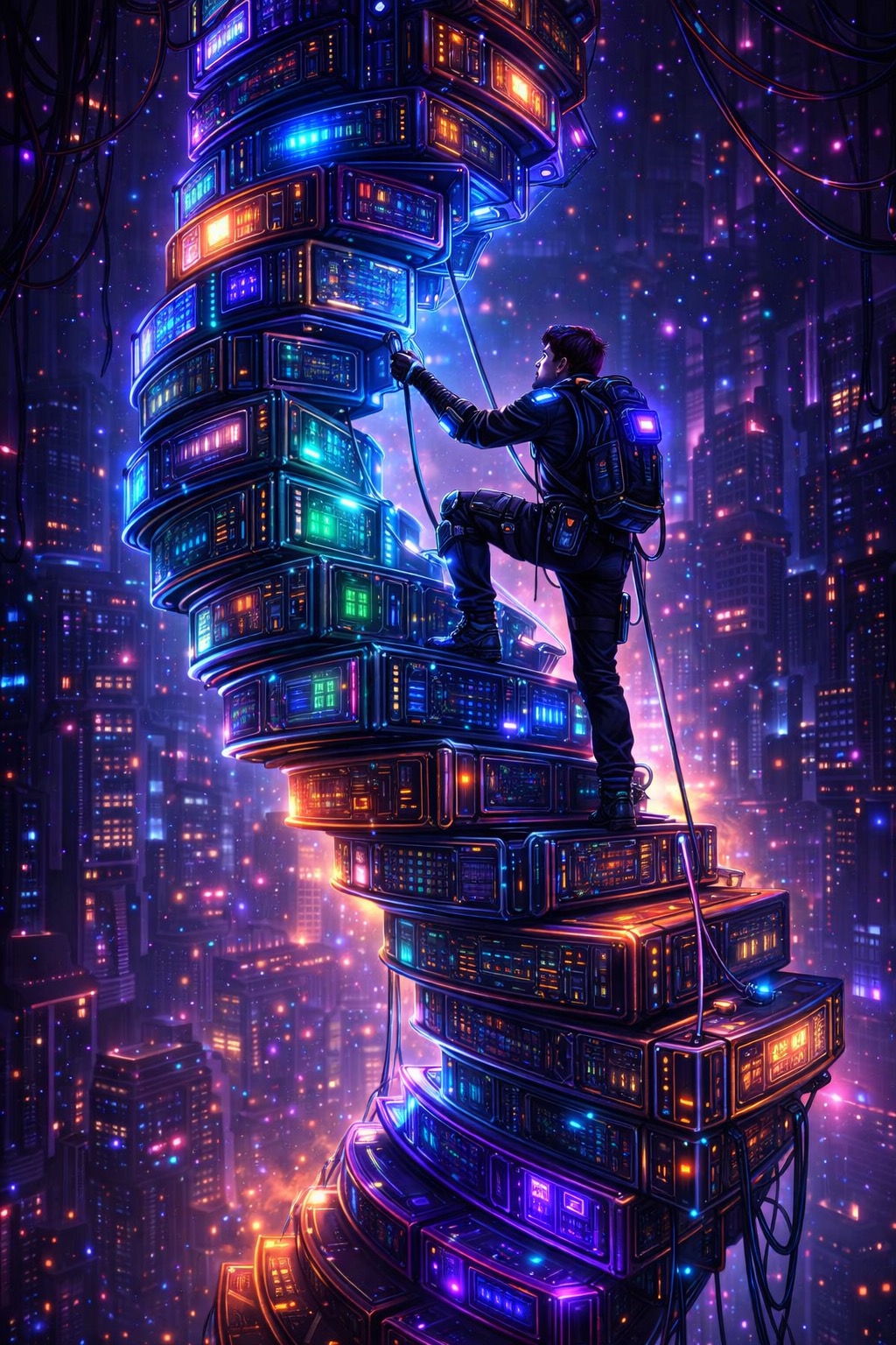 A man ascends a staircase of books