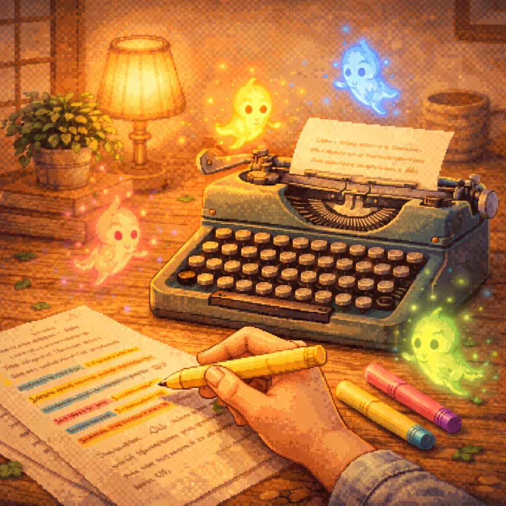 A cozy desk with friendly AI daemons floating nearby