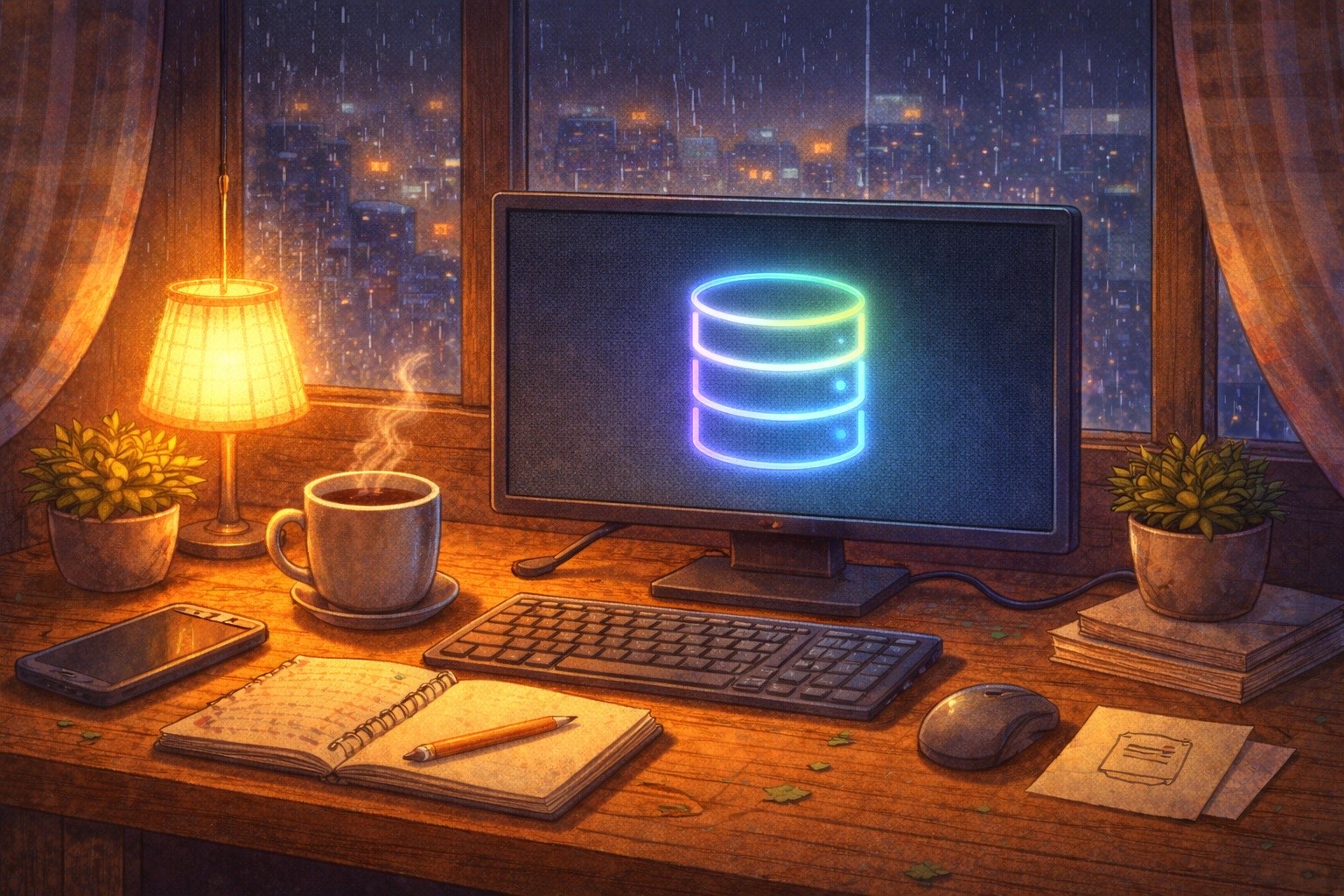 Cozy desk with database icon on monitor, coffee and notebook